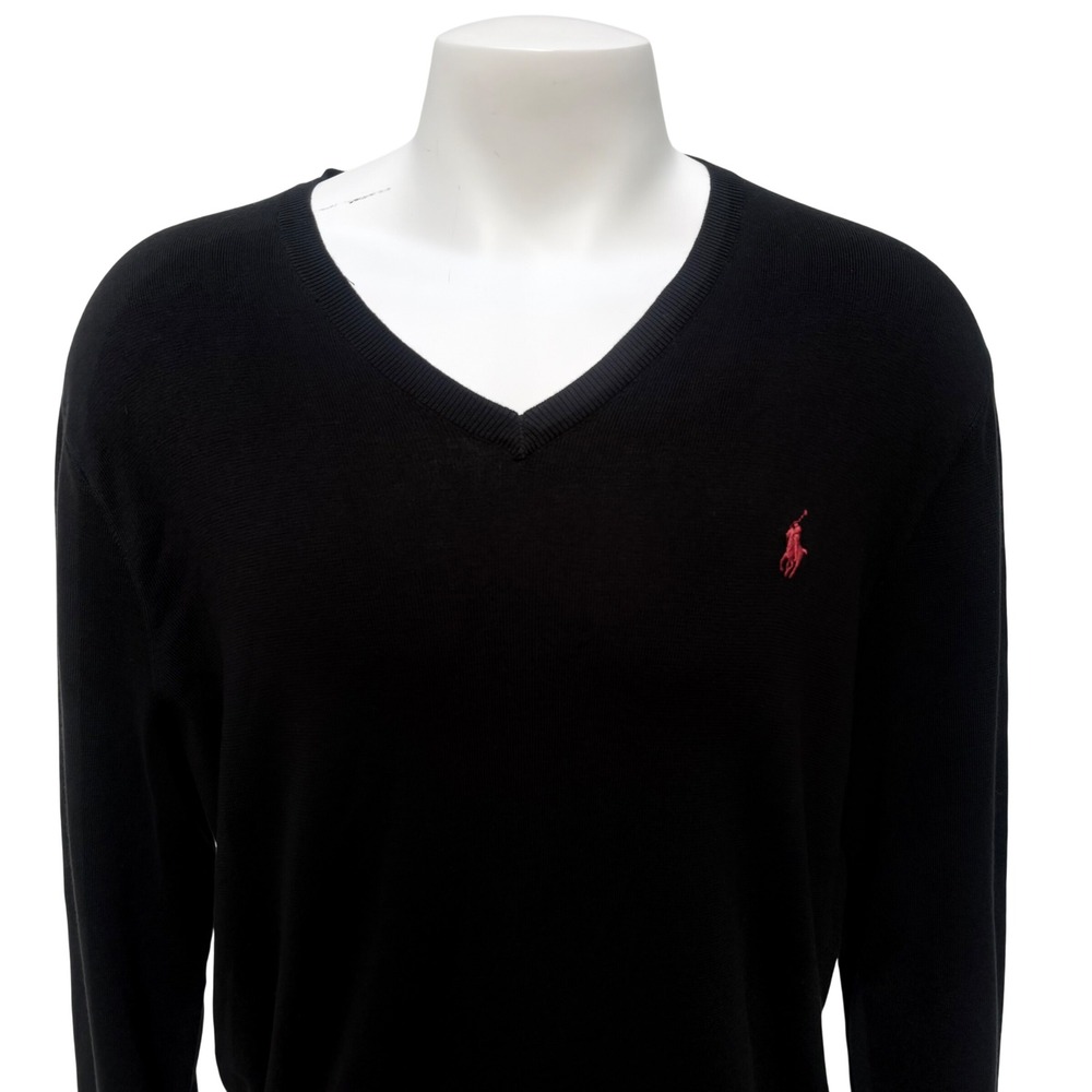 Polo Ralph Lauren Sweater XL Black Pima Cotton V-Neck Red Pony Pullover Preppy - Picture 3 of 10